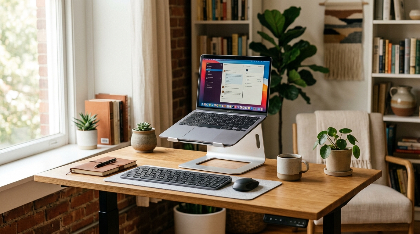 Adjustable laptop stand raising a laptop screen to eye level on a height-adjustable standing desk