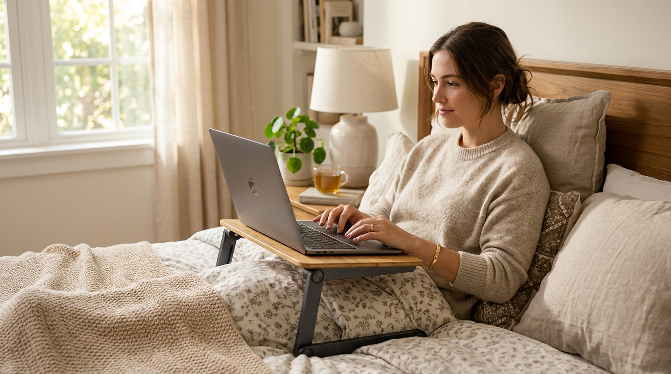 Cushioned lap desk holding a laptop at a comfortable angle on a white bed with pillows