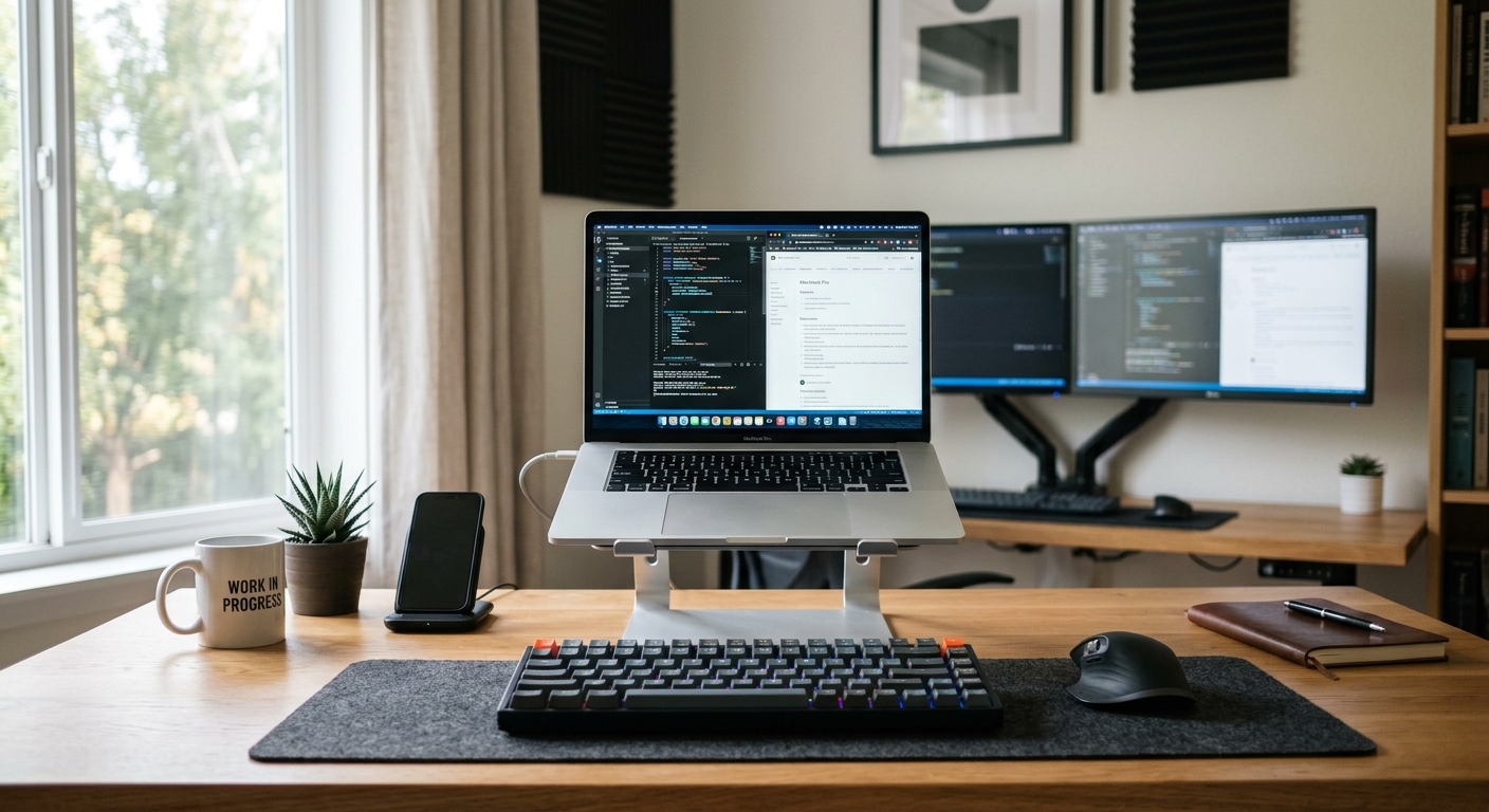 Adjustable aluminum laptop stand elevating a laptop screen to eye level on a modern wood desk