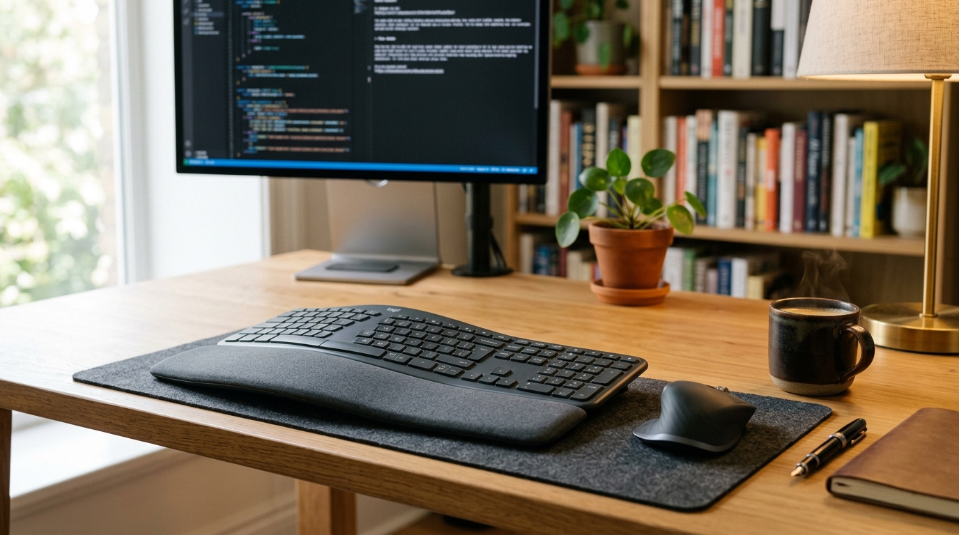Logitech ERGO K860 wireless ergonomic keyboard with cushioned palm rest on a clean home office desk