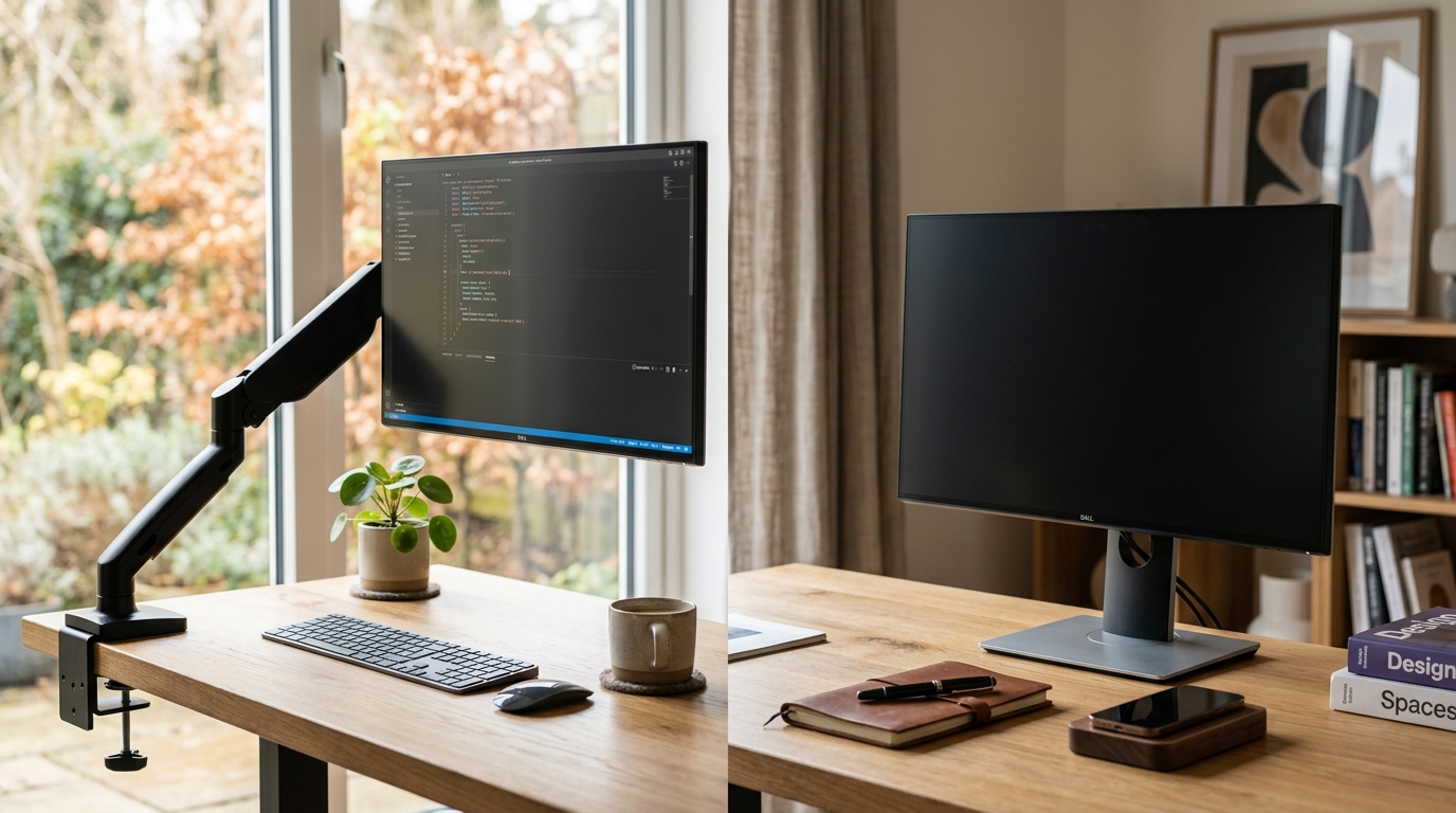 Side-by-side comparison of a monitor arm and a monitor stand on a modern ergonomic desk