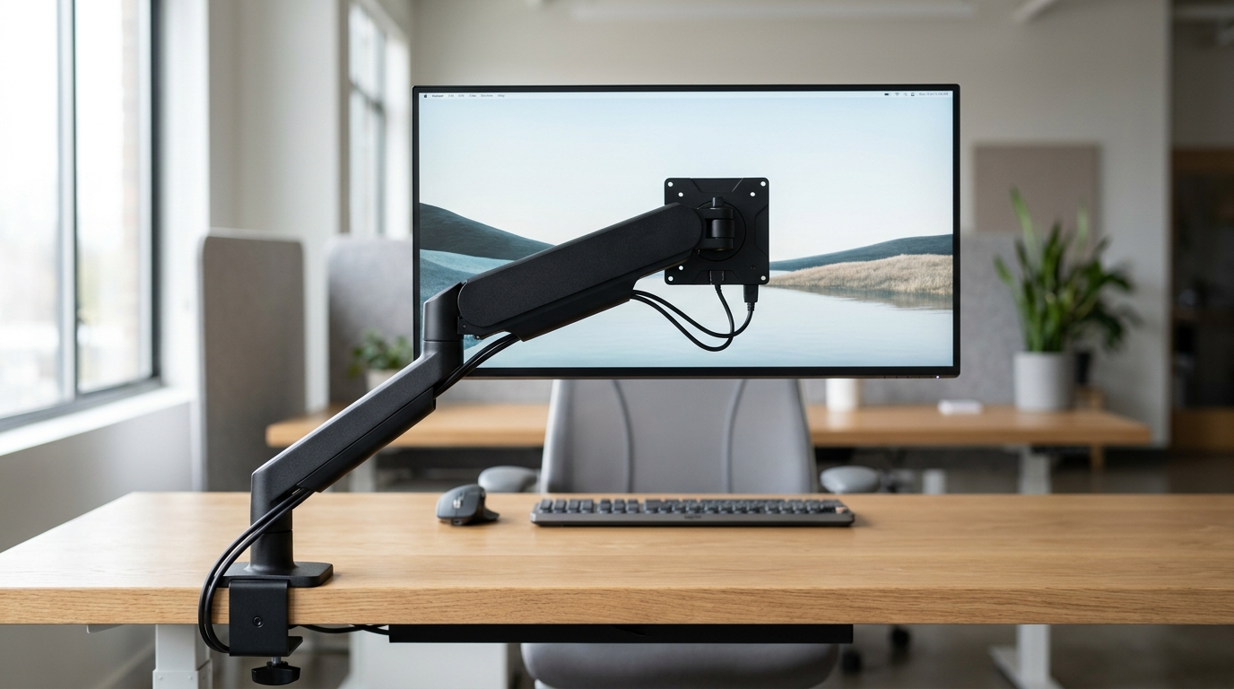 Premium monitor arm holding a 32-inch ultrawide monitor with cable management on a clean wood desk