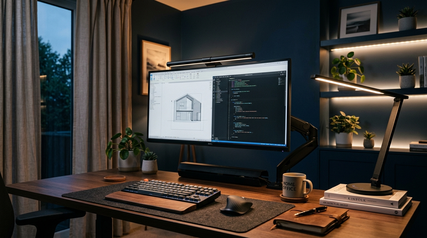 Premium desk lamp setup with monitor light bar casting warm light onto keyboard, articulating LED desk lamp on the side