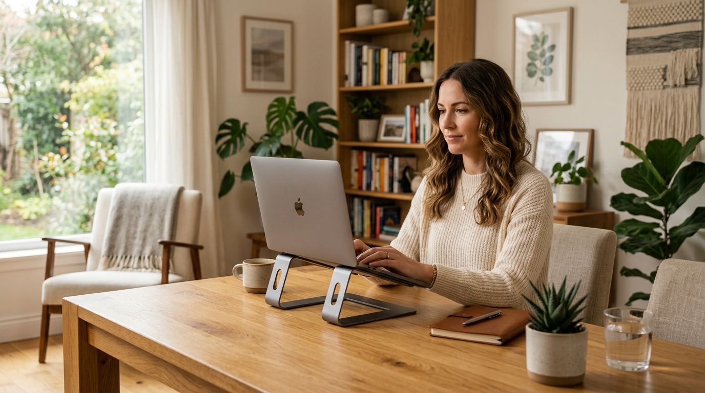 Folding portable laptop stand lifting a MacBook to eye level on a hotel desk beside a compact keyboard