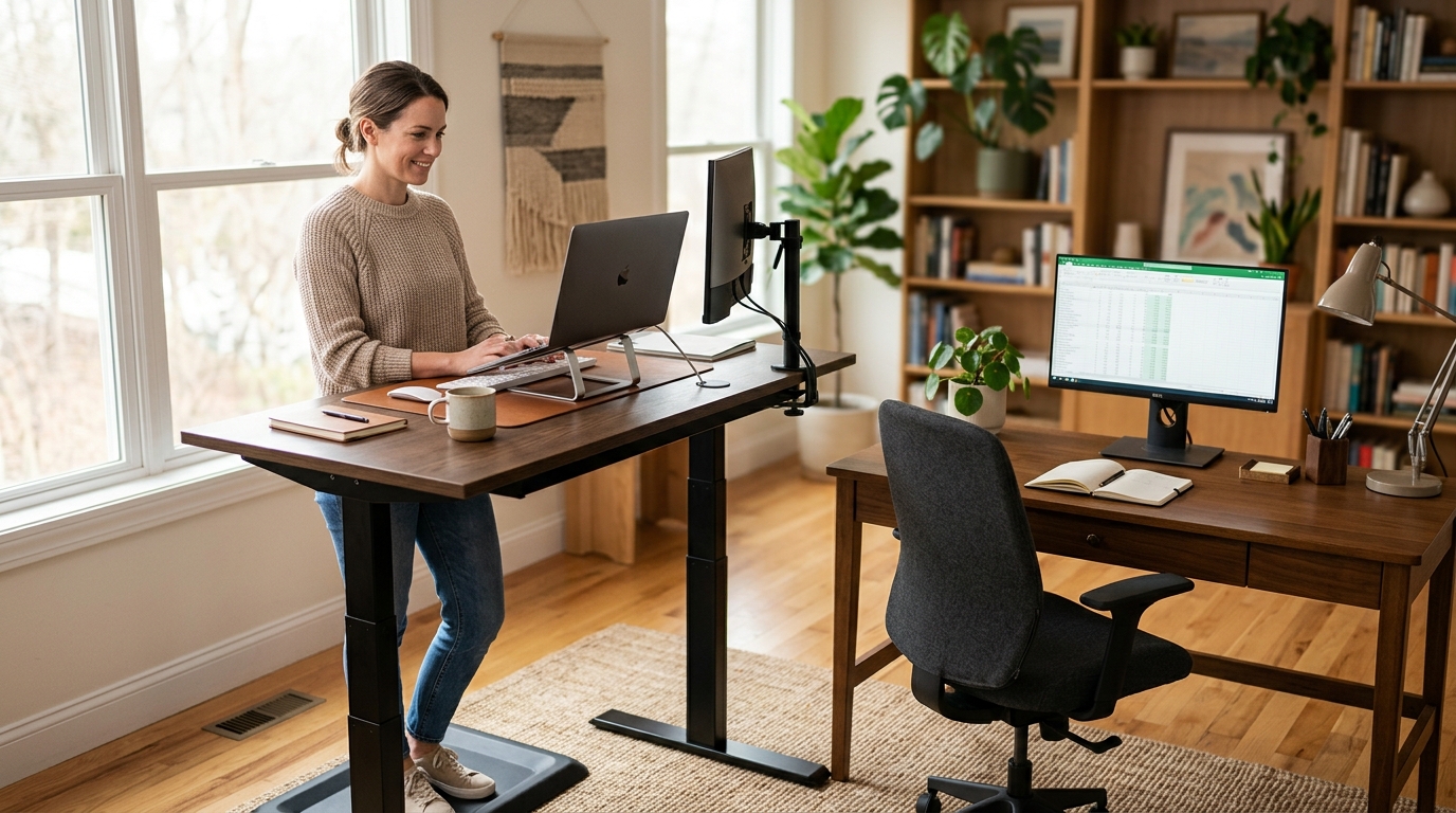 Person working at a height-adjustable sit-stand desk in a modern home office