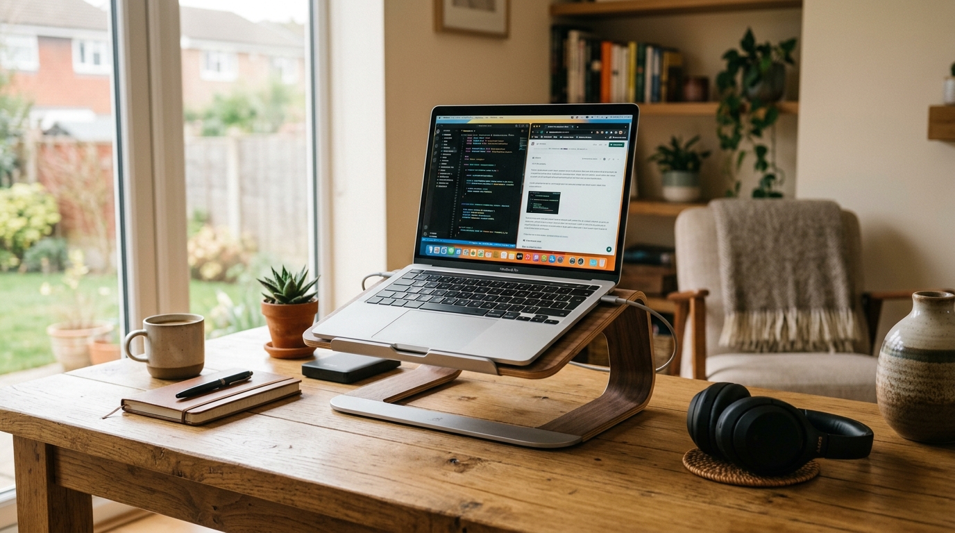 Adjustable aluminum laptop stand elevating a laptop to eye level on a clean home office desk