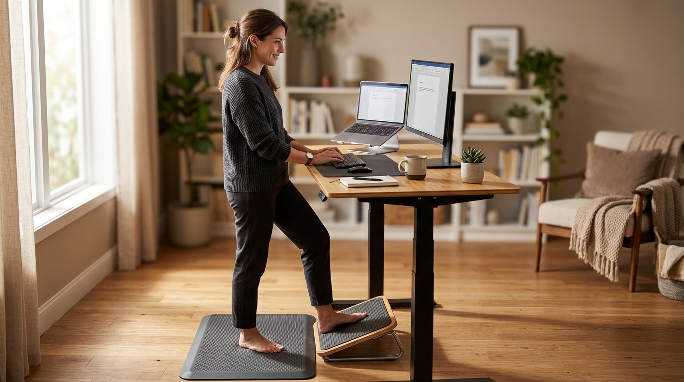 Anti-fatigue standing desk mat and ergonomic footrest side by side in a home office