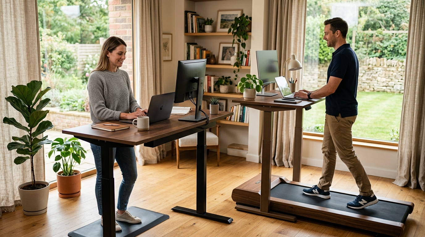 Person walking on an under-desk treadmill beneath a height-adjustable standing desk in a modern home office