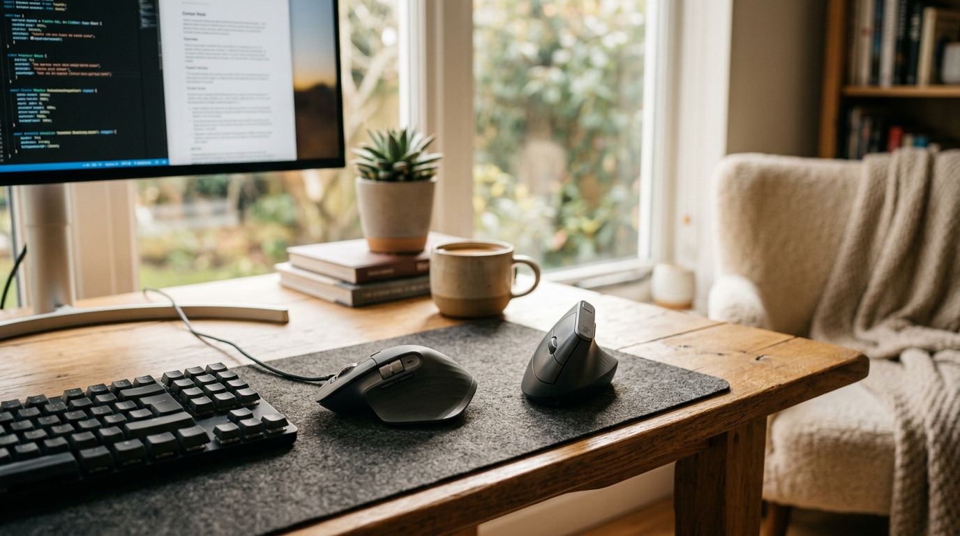 Side-by-side comparison of a vertical ergonomic mouse and a standard horizontal mouse on a clean desk