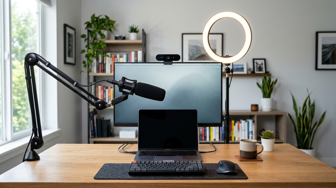 Home office video call setup with 4K webcam, shotgun microphone on boom arm, and ring light