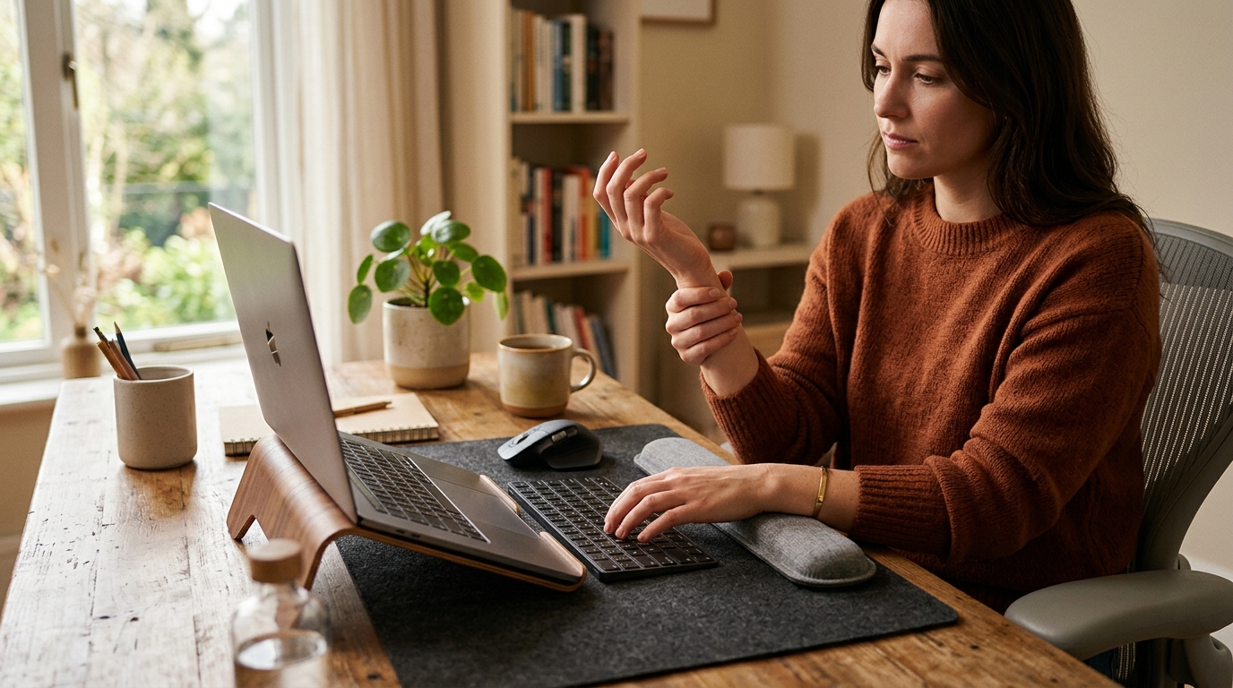 Hands positioned on an ergonomic keyboard with flat wrist alignment at a well-adjusted desk